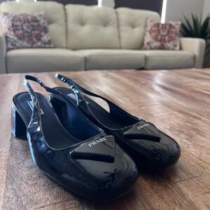 Prada black triangle logo slingback block heel in size 40